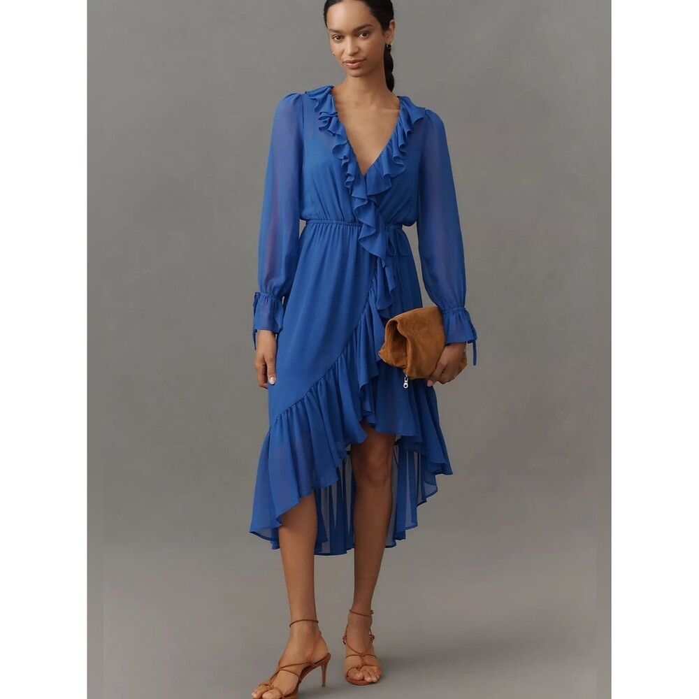 Anthropologie Blue Ruffle Wrap Midi Dress Long Sleeve Chiffon Women’s S